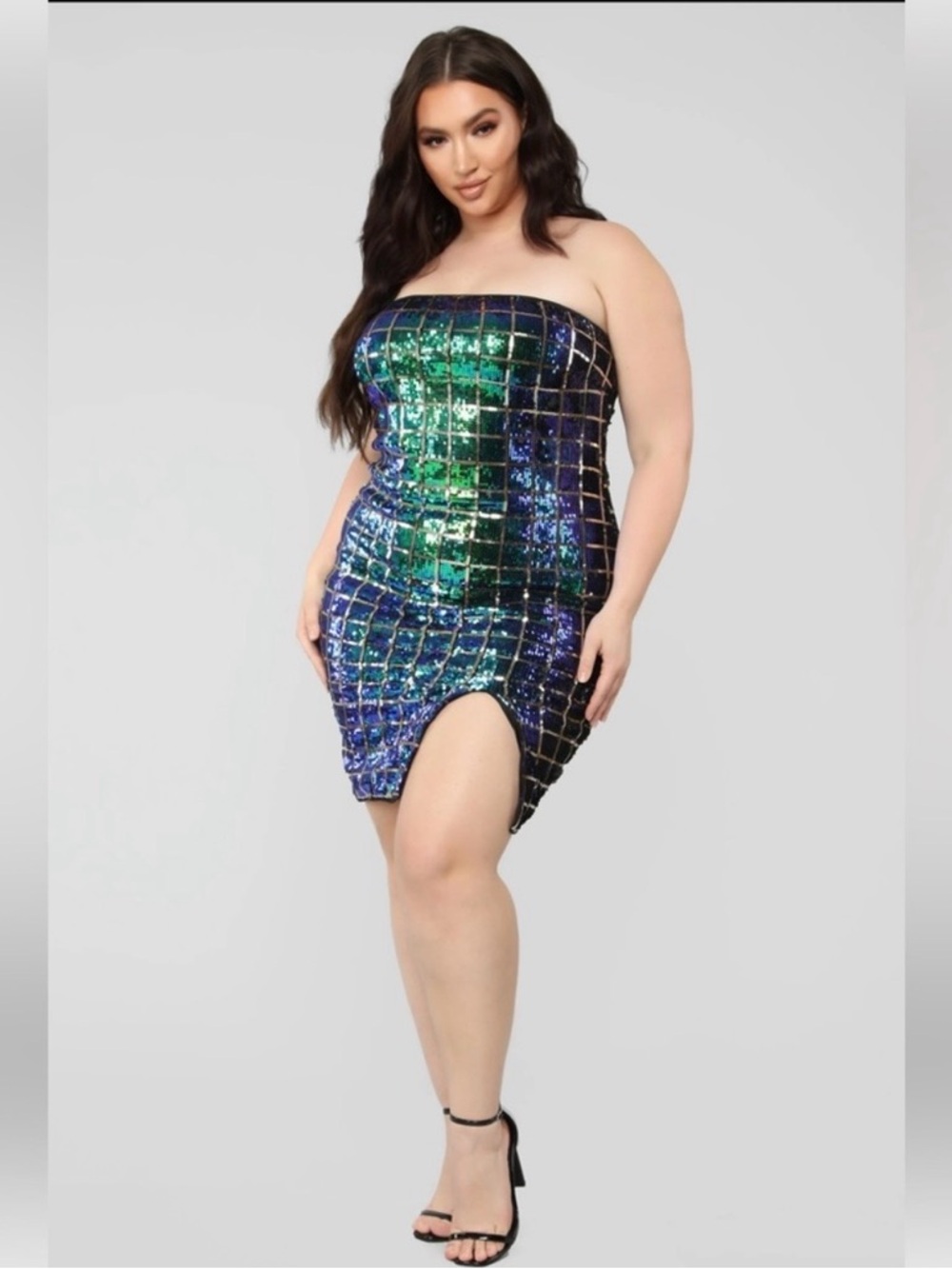 NWT Plus Size Strapless Sequin Grid Bodycon Dress in Green and Blue